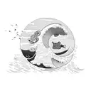 Wave breaking with a soaring eagle riding it tattoo design idea