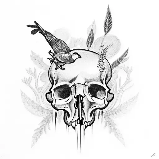 bird skull with mushrooms tattoo design idea