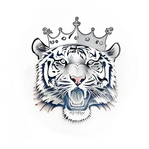 Tigers head with a crown on top of it melting down his face tattoo design idea