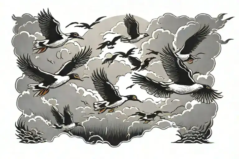 A flock of ducks flying through a stormy sky with lightning striking in the background tattoo design idea