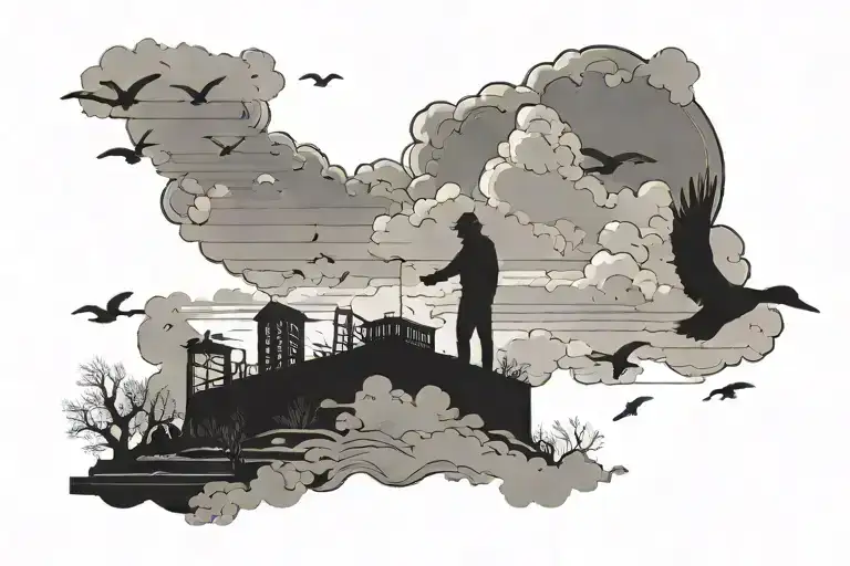 A silhouette of a maintenance worker fixing a broken cloud in the sky, with ducks flying around tattoo design idea