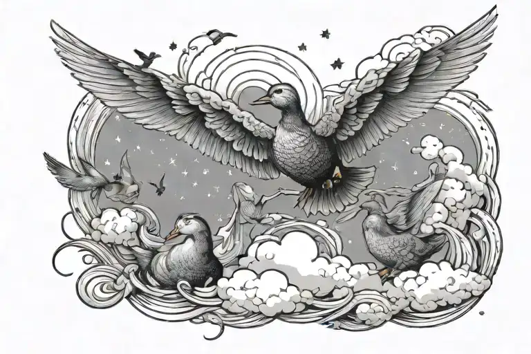 A surreal scene of ducks with wings made of clouds flying through a starry night sky tattoo design idea