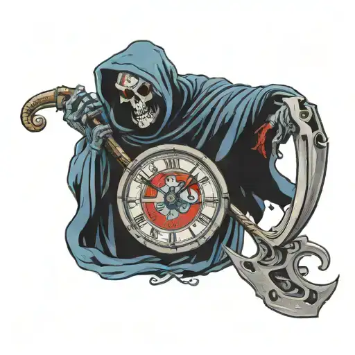 grim reaper holding scythe with red eyes and a naive blue clock  tattoo design idea