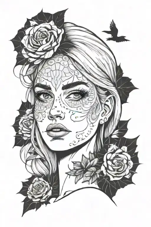 White female face portrait. Innocent slim face. Shoulder length light straight hair, light eyes, straight face. Glowing  tattoo design idea