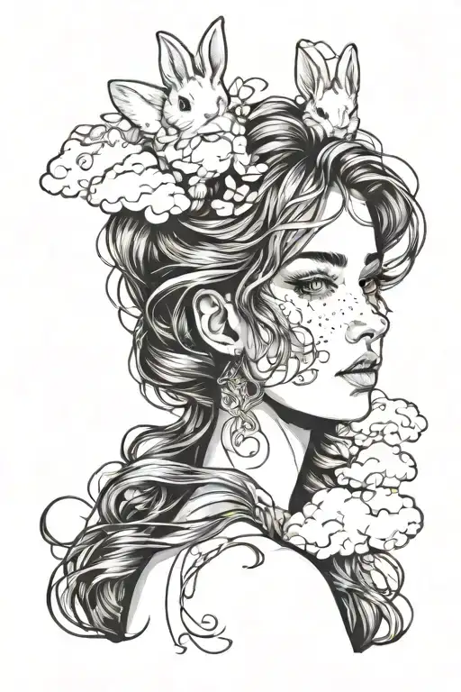 innocent female face portrait white almond eyes no make up shoulder length hair. glowing hand, bunny cloud outline tattoo design idea