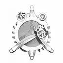 Surfer carving a wave with mechanical gears as fins tattoo design idea