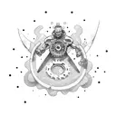 Surfer carving a wave with mechanical gears as fins tattoo design idea