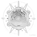 Surfer carving a wave with mechanical gears as fins tattoo design idea