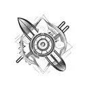 Surfer carving a wave with mechanical gears as fins tattoo design idea