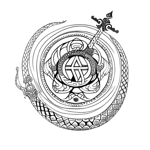 berserk symbol with snakes, swords and an hourglass tattoo design idea