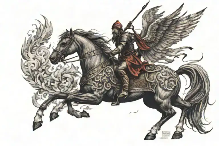tattoo based on the firebird slavic folklore, ivan tsar reaching for the firebirds tail above him while riding a horse tattoo design idea
