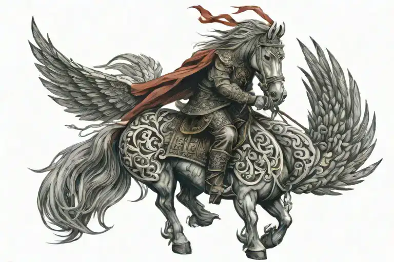tattoo based on the firebird slavic folklore, ivan tsar riding a horse. there is a firebird above him tattoo design idea