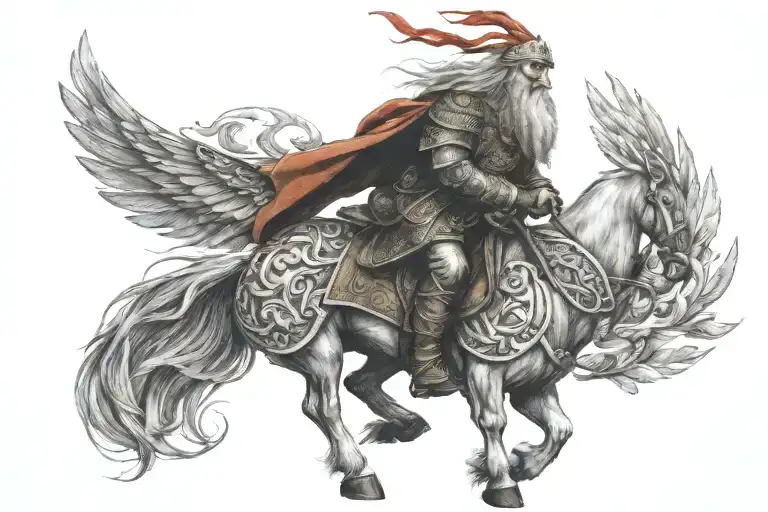 tattoo based on the firebird slavic folklore, ivan tsar riding a horse. there is a firebird above him tattoo design idea