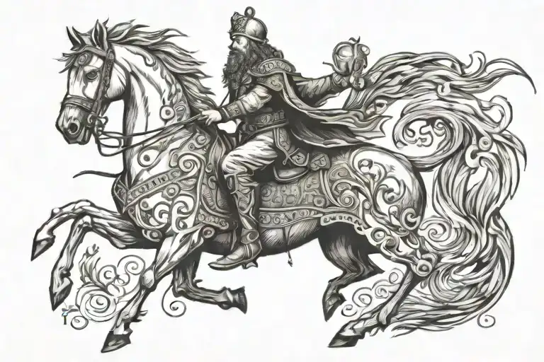 tattoo based on the firebird slavic folklore, ivan tsar reaching for the firebird, riding a horse tattoo design idea