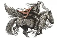 tattoo based on the firebird slavic folklore, ivan tsar riding a horse. there is a firebird above him tattoo design idea