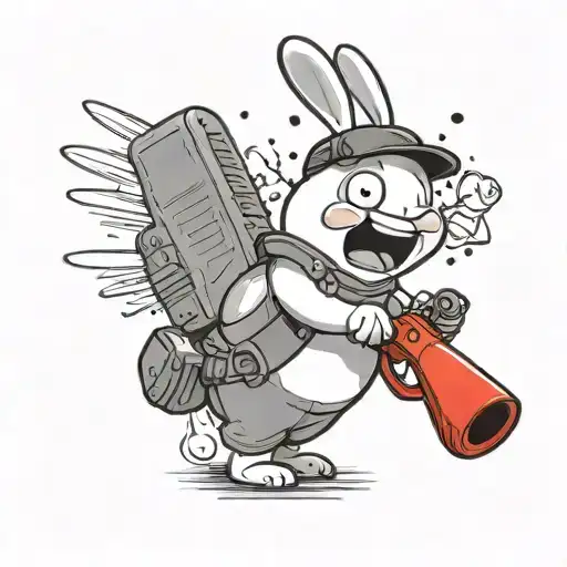 A cartoonish and whimsical drawing of a "Raving Rabbids" character with a water gun in one hand and a flashlight in the  tattoo design idea