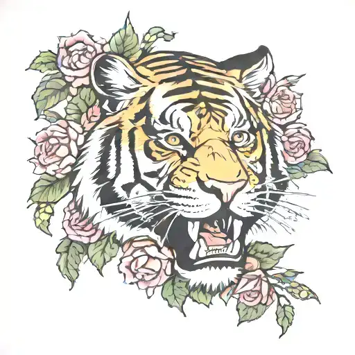  half  Tiger face with flowers tattoo design idea