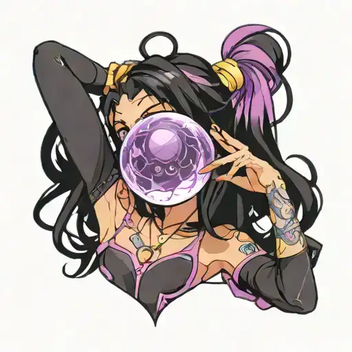 black straight hair latina girl with pink highlights dressed in black holding a purple orb valorant tattoo design idea