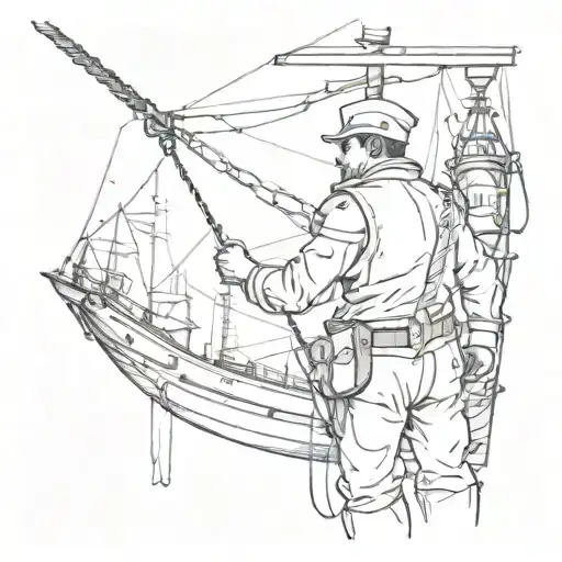 A seaman's silhouette with boxing gloves hanging from a ship's mast tattoo design idea