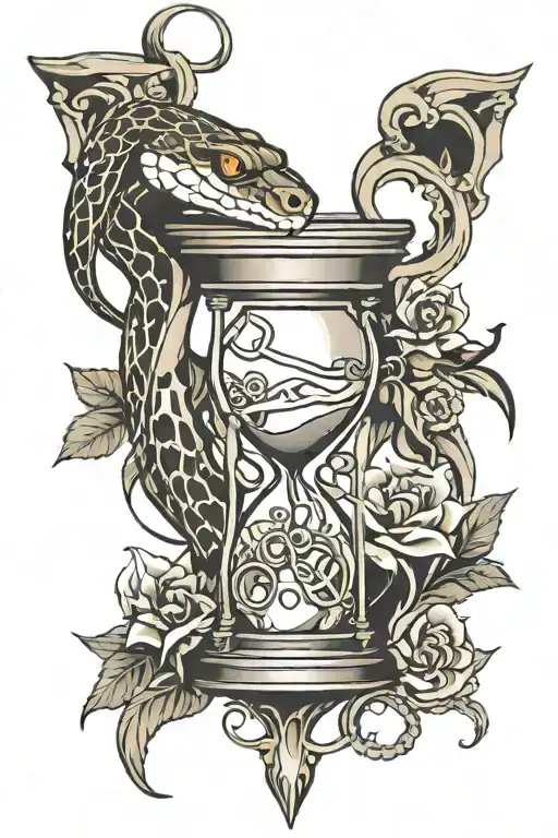 Snake surrounding an hourglass AND a thunder tattoo around forearm black and white style tattoo design idea