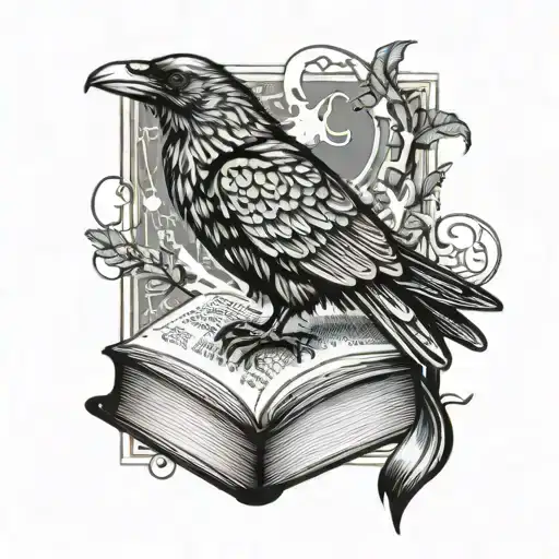 lobo geri y freki hugin munin raven perched atop open book tattoo design idea