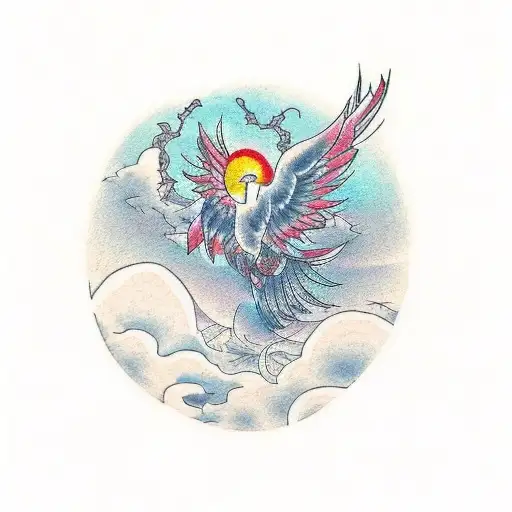 Design a Japanese-style tattoo featuring a child on a cliff, overlooking a village at sunset. Include a majestic Phoenix tattoo design idea