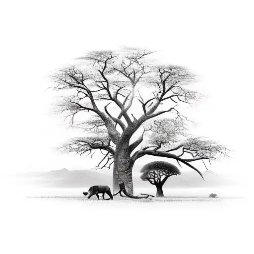 A breathtaking South African landscape with a lion resting under a Baobab tree tattoo design idea