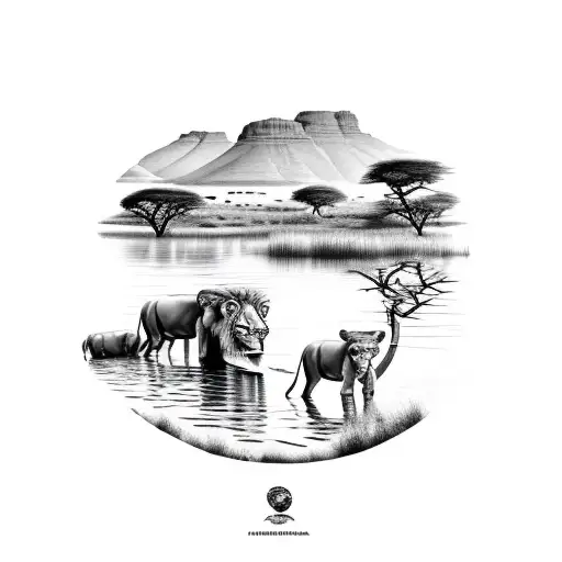 a South African safari river with bucks and lions drinking water  tattoo design idea