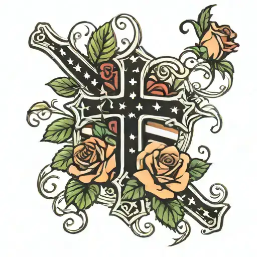 roses,vines,a cross,and American flag intertwined tattoo design idea