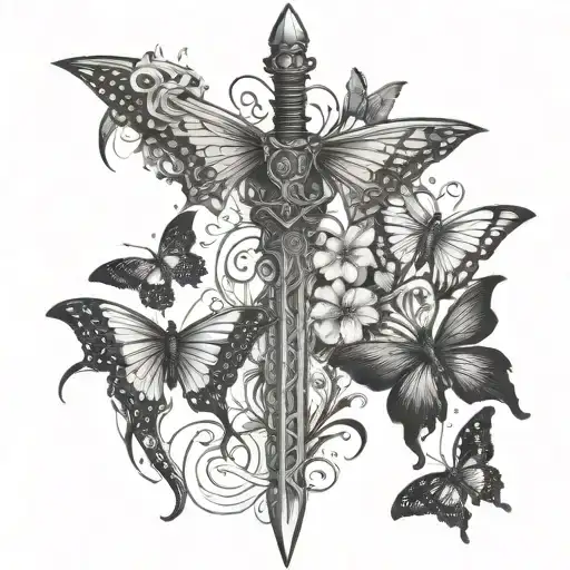 sword down spine with butterflies tattoo design idea