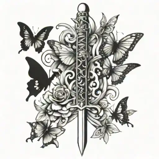 sword down spine with butterflies tattoo design idea