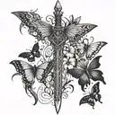 sword down spine with butterflies tattoo design idea
