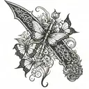 sword down spine with butterflies tattoo design idea