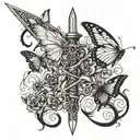 sword down spine with butterflies tattoo design idea