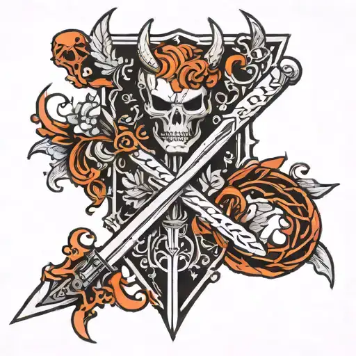 Black and White: Traditional tattoo style. Forearm Placement: Design suitable for forearm. Elements: Swords from Devil M tattoo design idea