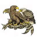 golden eagle and bald eagle fight over snake as food tattoo design idea
