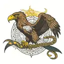 golden eagle and bald eagle fight over snake as food tattoo design idea