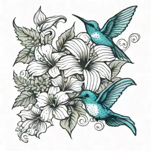 calla lillies, hibiscus, sunflowers and a hummingbird tattoo design idea