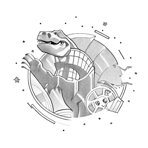 a cinema scene with a dinosaur and superheroes in egypt tattoo design idea