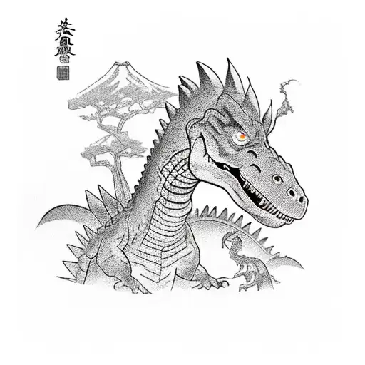 a cinema scene with a dinosaur and superheroes in egypt tattoo design idea