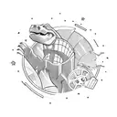 a cinema scene with a dinosaur and superheroes in egypt tattoo design idea