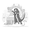 a cinema scene with a dinosaur and superheroes in egypt tattoo design idea