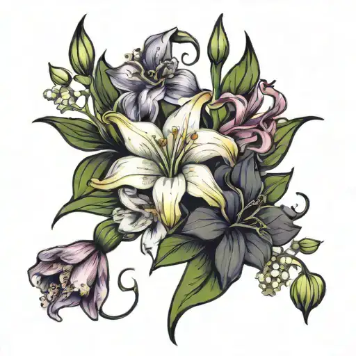 Gladiolus, narcissus, carnation, Lilly of the valley, rose  tattoo design idea