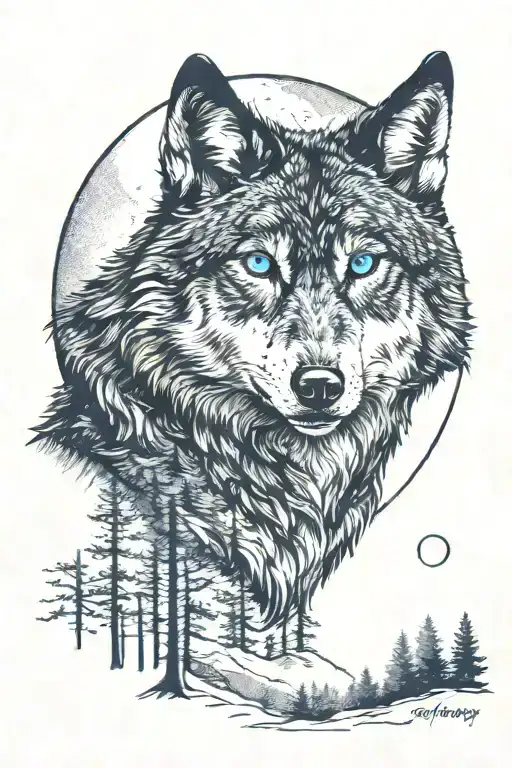 black wolf with blue white eyes in a forest with a white moon  tattoo design idea