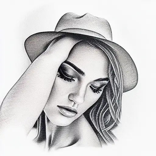 masterpiece, best quality, 1 girl, upper body, tight, panama hat, beautiful girl tattoo design idea