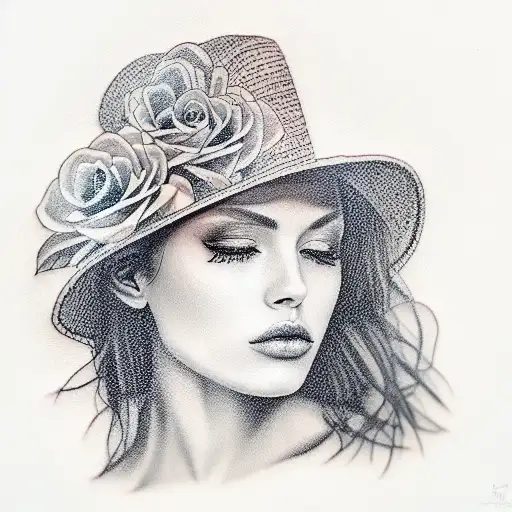 masterpiece, best quality, 1 girl, upper body, tight, panama hat, beautiful girl tattoo design idea