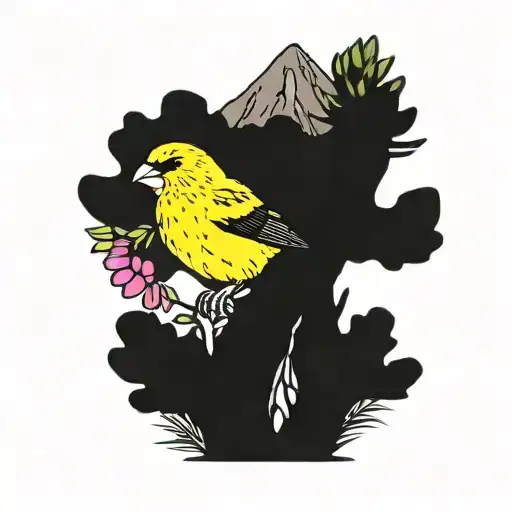 Saguaro cactus with a golden finch bird and mountain Laurel flowers  tattoo design idea