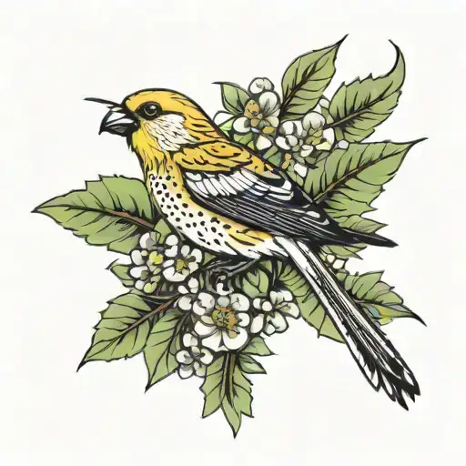 Saguaro cactus with a golden finch bird and mountain Laurel flowers  tattoo design idea