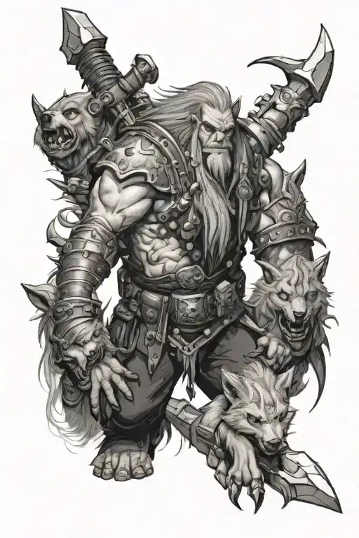 World of warcraft troll hunter with wolfs around him tattoo design idea