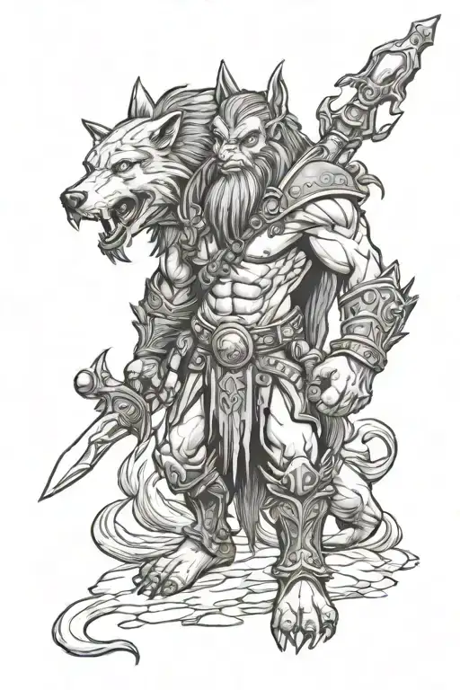 World of warcraft troll hunter with wolfs around him tattoo design idea